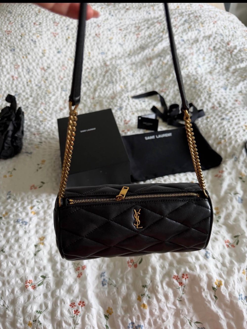Saint Laurent Black Quilted Barrel Crossbody with Gold Hardware
